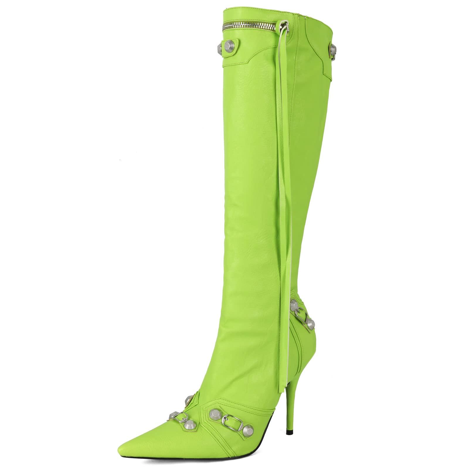 Kluolandi Women's Stiletto High Heel Knee High Boots with Tassel Pointy Toe Studded Zipper Booties Dress Shoes - Image 4