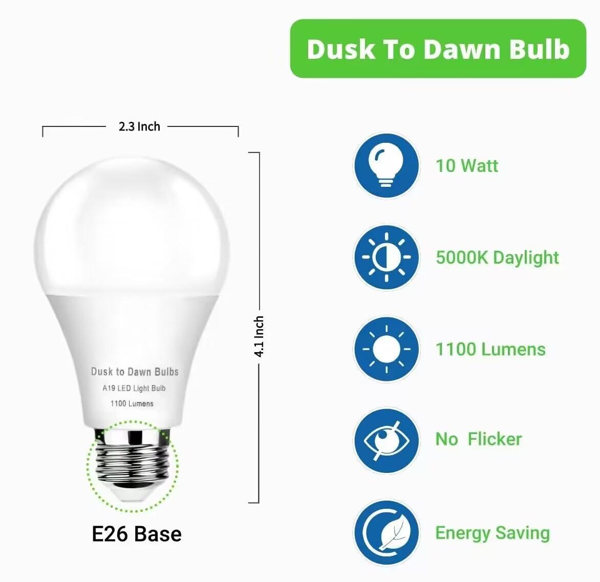 4-Pack Dusk to Dawn Light Bulbs Outdoor 75 Watt Equivalent, Automatic On/Off Sensor LED Bulb, 10W Daylight 5000K,1100 Lumen, A19 E26 Bulbs Photocell for Wall lamp Porch Garage Yard Light(Non-dimmable) - Image 4