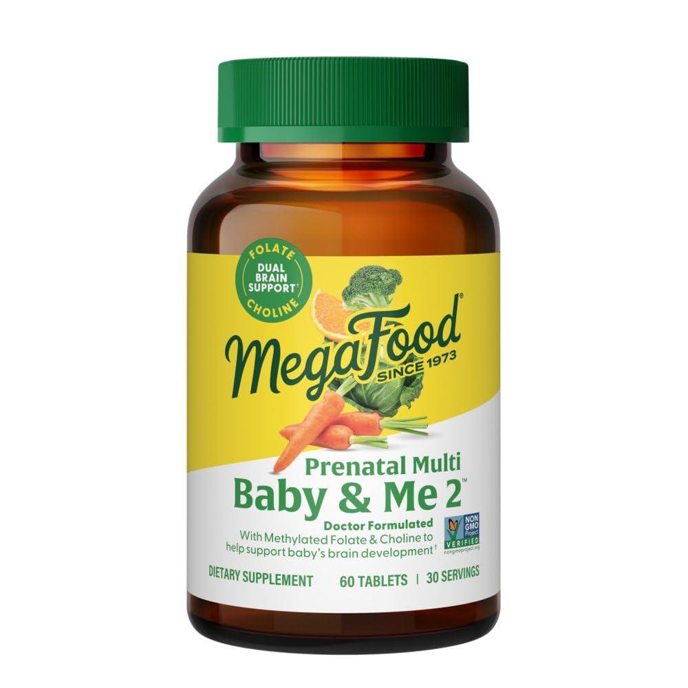 MegaFood Baby & Me 2 Prenatal Multi - Prenatal Vitamins for Women with Choline, Methyl Folate, Iron - Gluten-Free, Vegetarian, Pre Natal Multivitamin for Women - 60 Tablets, 30 Servings