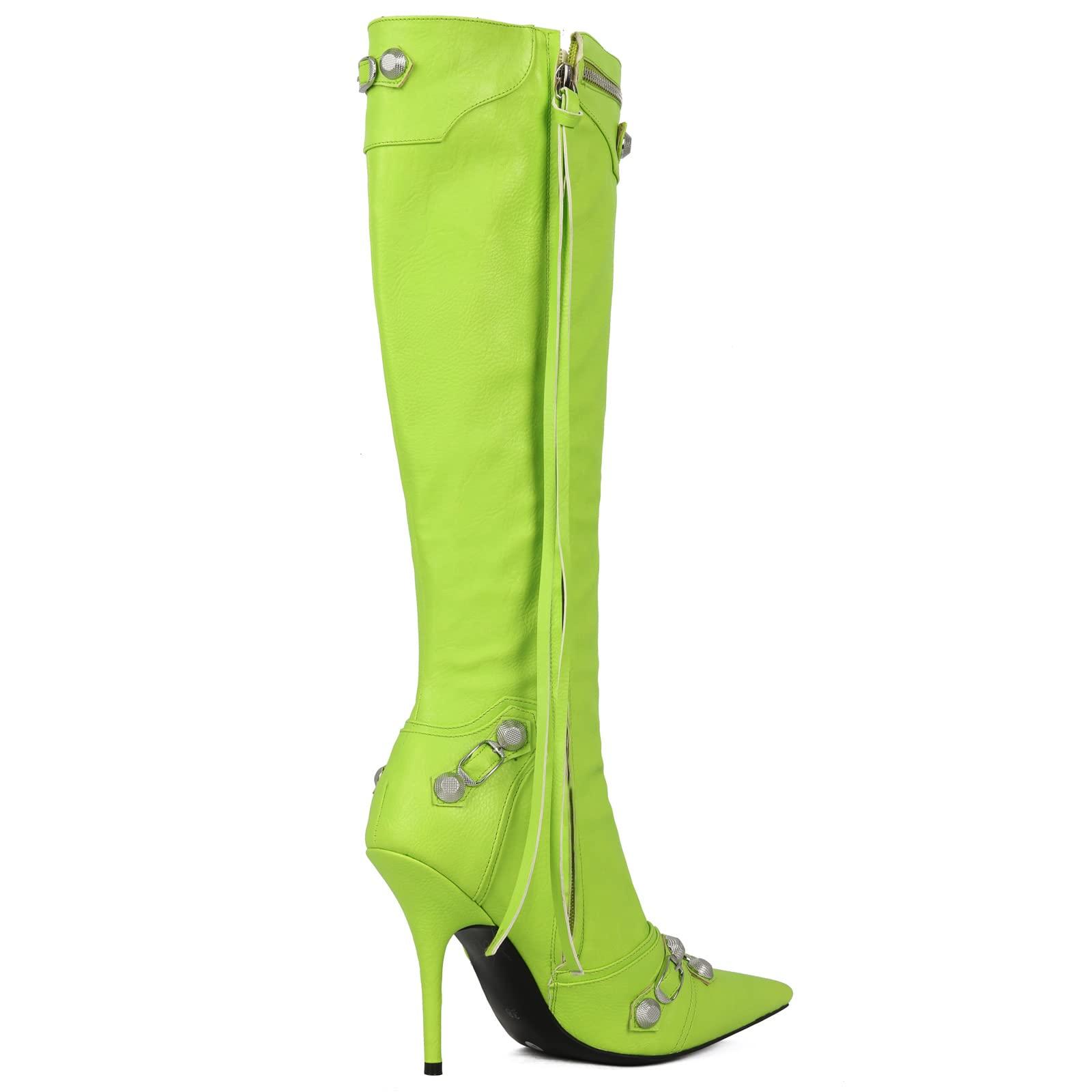 Kluolandi Women's Stiletto High Heel Knee High Boots with Tassel Pointy Toe Studded Zipper Booties Dress Shoes - Image 5
