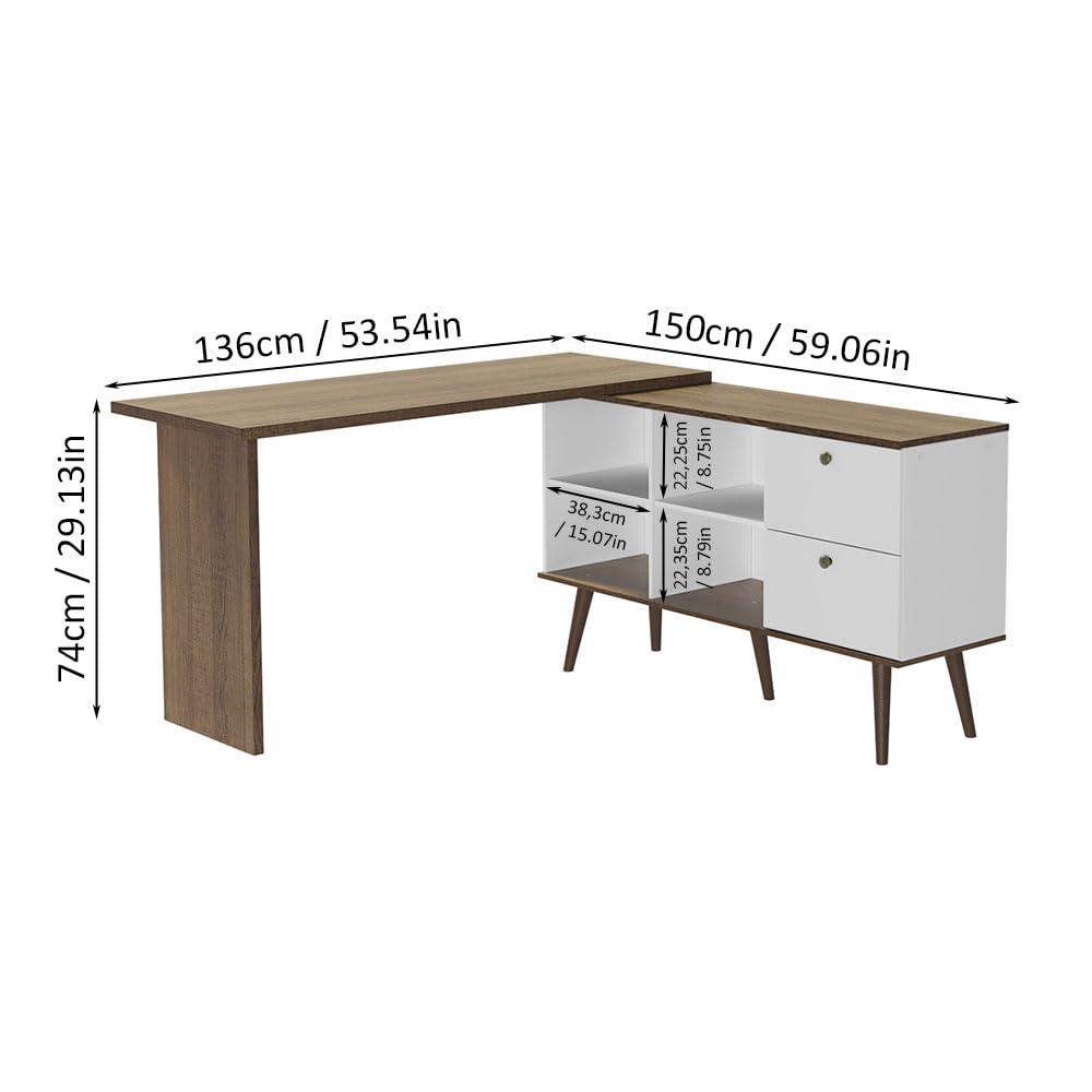 Madesa Modern L Shaped Desk 59 Inch with 2 Drawers and 4 Storage Shelves Home Office Corner Study Table Unit for Kids and Adults - White/Brown - Image 3