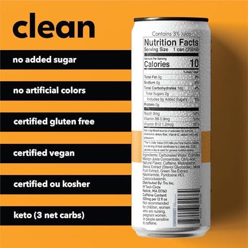 Tru Energy Seltzer, Sparkling Water with Natural Caffeine, Orange Mango Juice, Green Tea Extract & B Vitamins, Lightly Carbonated Energy Drink, Gluten Free, Vegan, Low Calorie, 12 FL OZ Cans, 12 Pack - Image 2