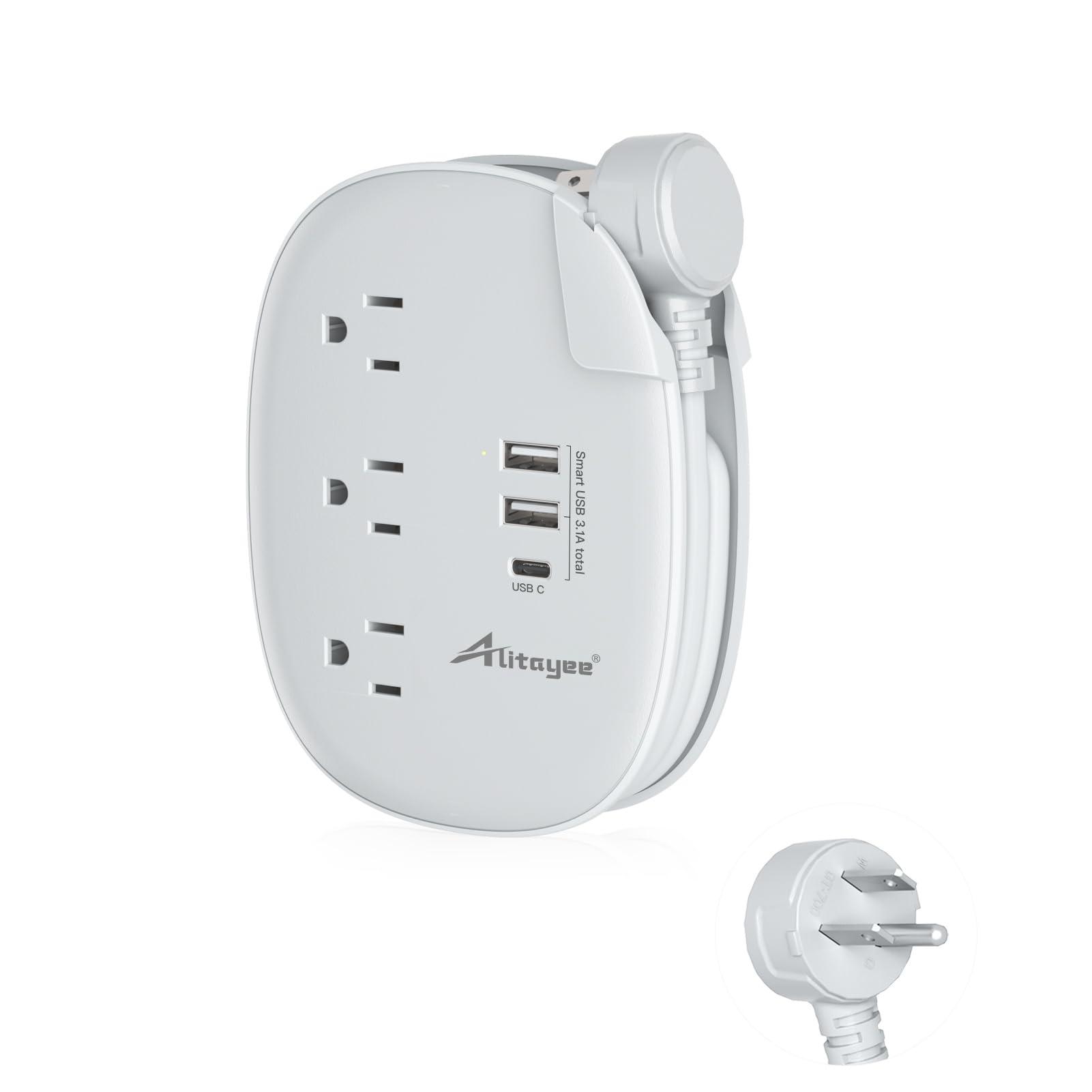 Alitayee USB C Portable Travel Power Strip with 3 Outlets 3 USB Ports Fast Charge, USB Extendable Outlet Extender with Flat Plug and 3ft Wrapped Around Extension Cord for Cruise Travel Home Office