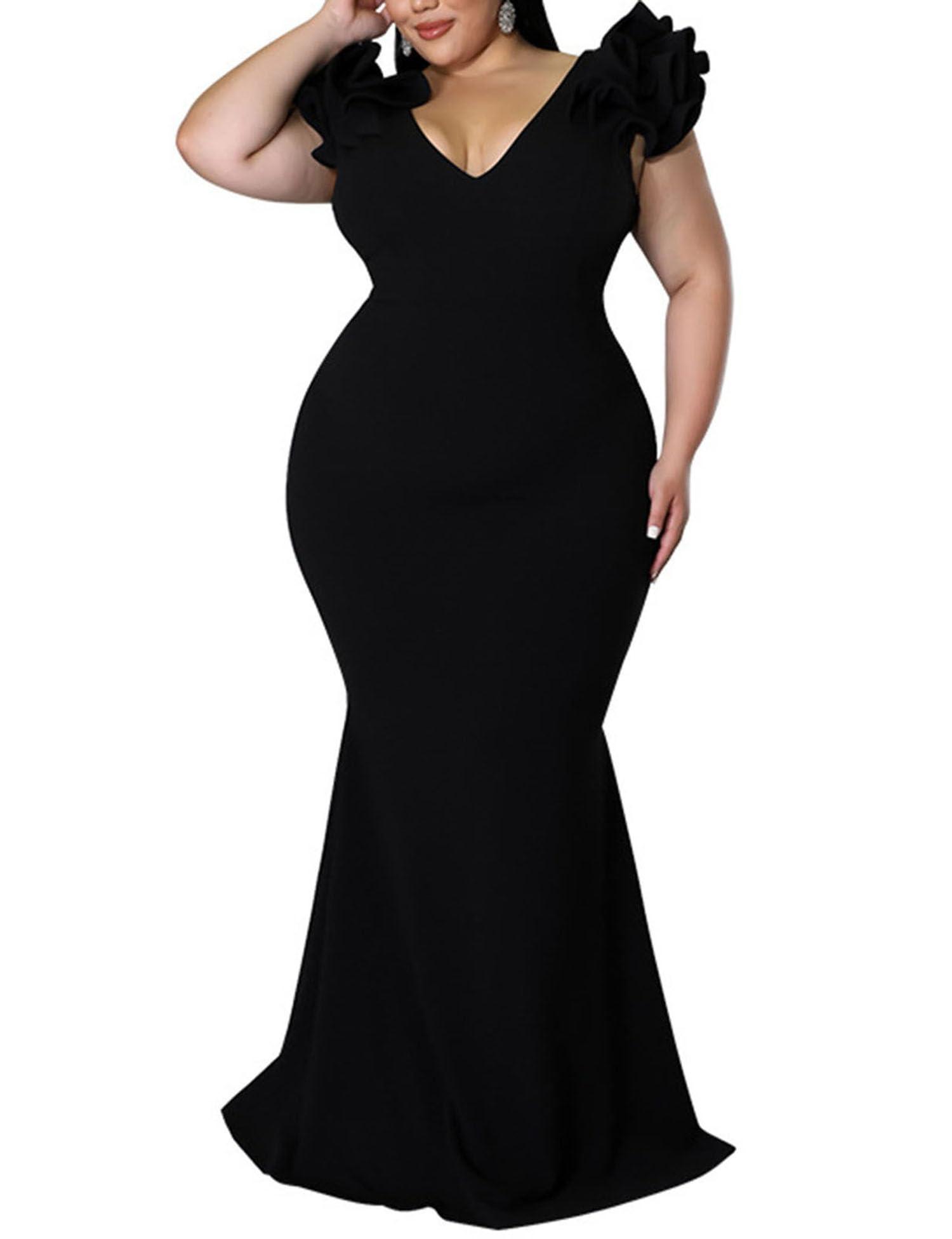 Women's Plus Size Maxi Dress Elegant V-Neck Ruffle Sleeves Bodycon Mermaid Dresses Evening Gown - Image 2