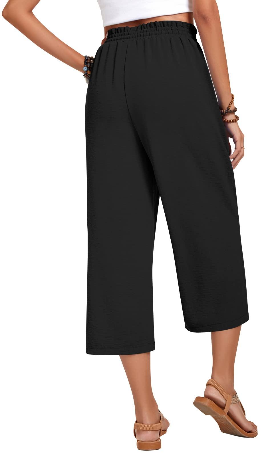Anyhold Womens Capri Pants Loose High Waisted Wide Leg Lounge Pants Drawstring Casual Palazzo Trousers with Pockets - Image 4