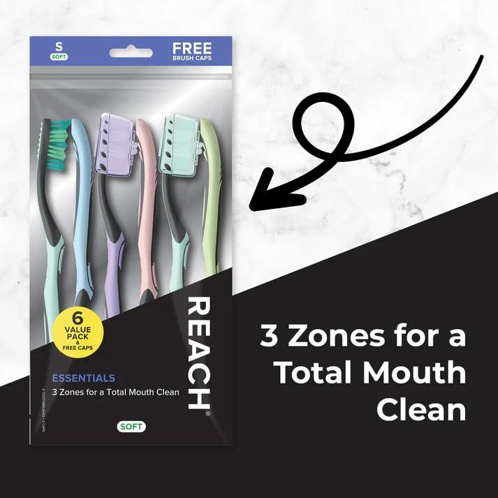 Reach Essentials Toothbrush with Toothbrush Caps, Multi-Zoned Angled Soft Bristles, Contoured Handle, Tongue Scraper, 6 Count - Image 3