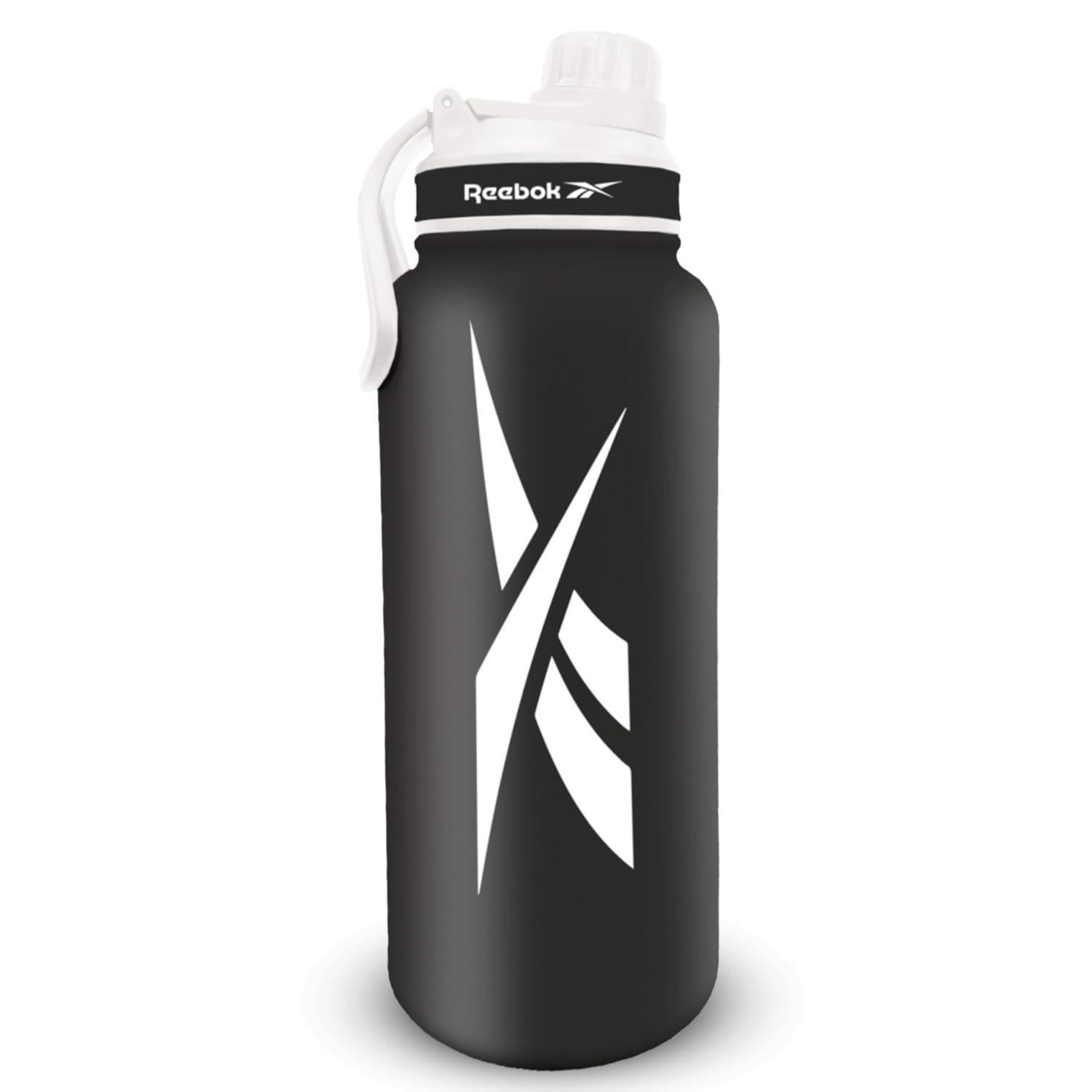 Reebok Stainless Steel Water Bottle With Athletic Design - Insulated Water Bottle 40 oz With Chug Lid - Double Wall Vaccum Insulated Sports Water Bottle, BPA Free (Black)