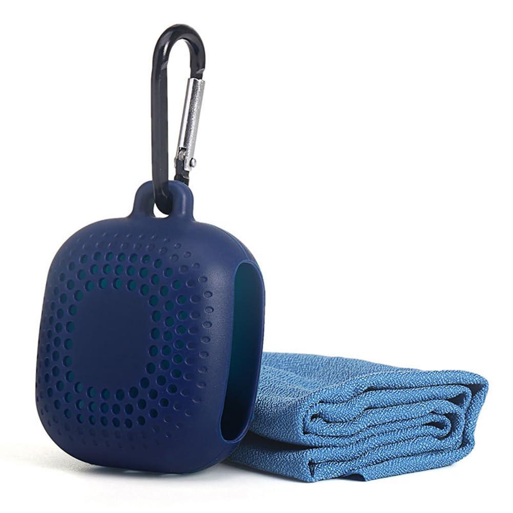 AKOAK Outdoor Travel Quick Drying 40CM Towel with Portable Creative Silicone Box, Microfiber Cold Sports Quick Drying Towel, Gym, Beach, Yoga, Sports Travel (Blue)