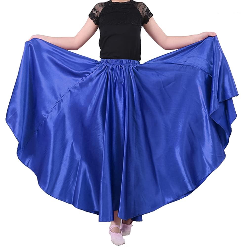 SANCAN Long Full Ankle Length Satin Flowy Folkloric Latin Belly Dance Umbrella Skirt for Girls 8-12 Years