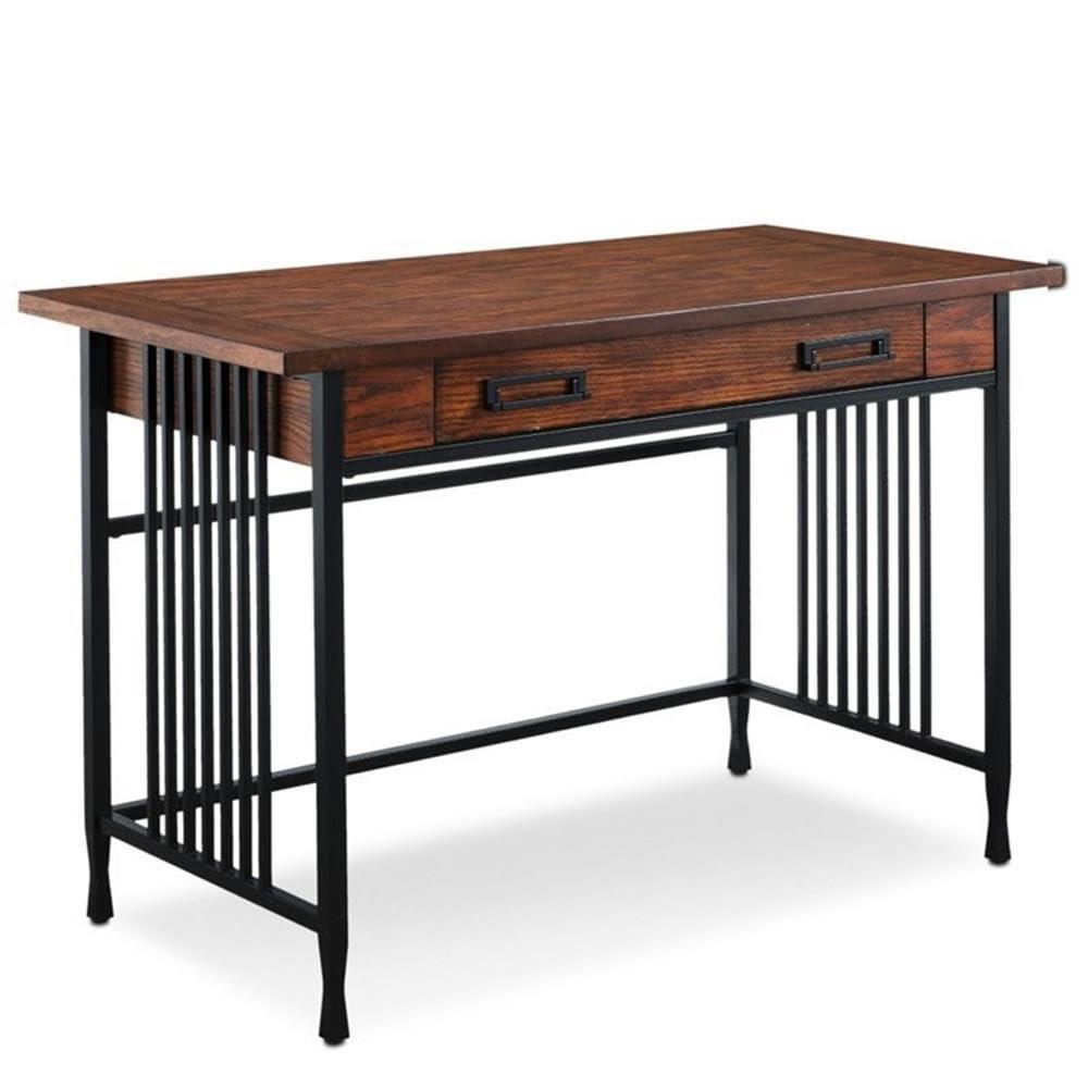 Ironcraft Rustic Writing Computer Desk with Drop Front Keyboard Drawer, Solid Wood Home Office Desk, Mission Oak and Black – Leick Home, 11200