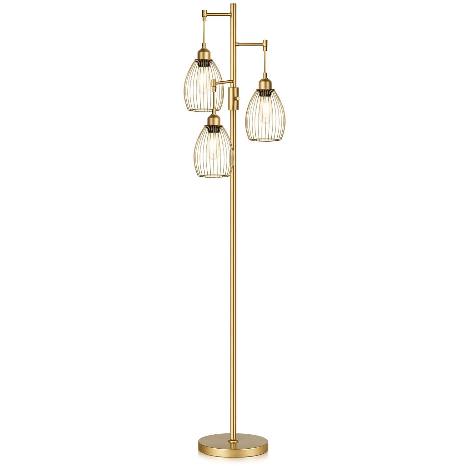 Dimmable Industrial Floor Lamps for Living Room, Gold Tree Standing Tall Lamps with 3 Elegant Teardrop Cage Head & 800 Lumens LED Bulbs for Bedroom Office - Image 9