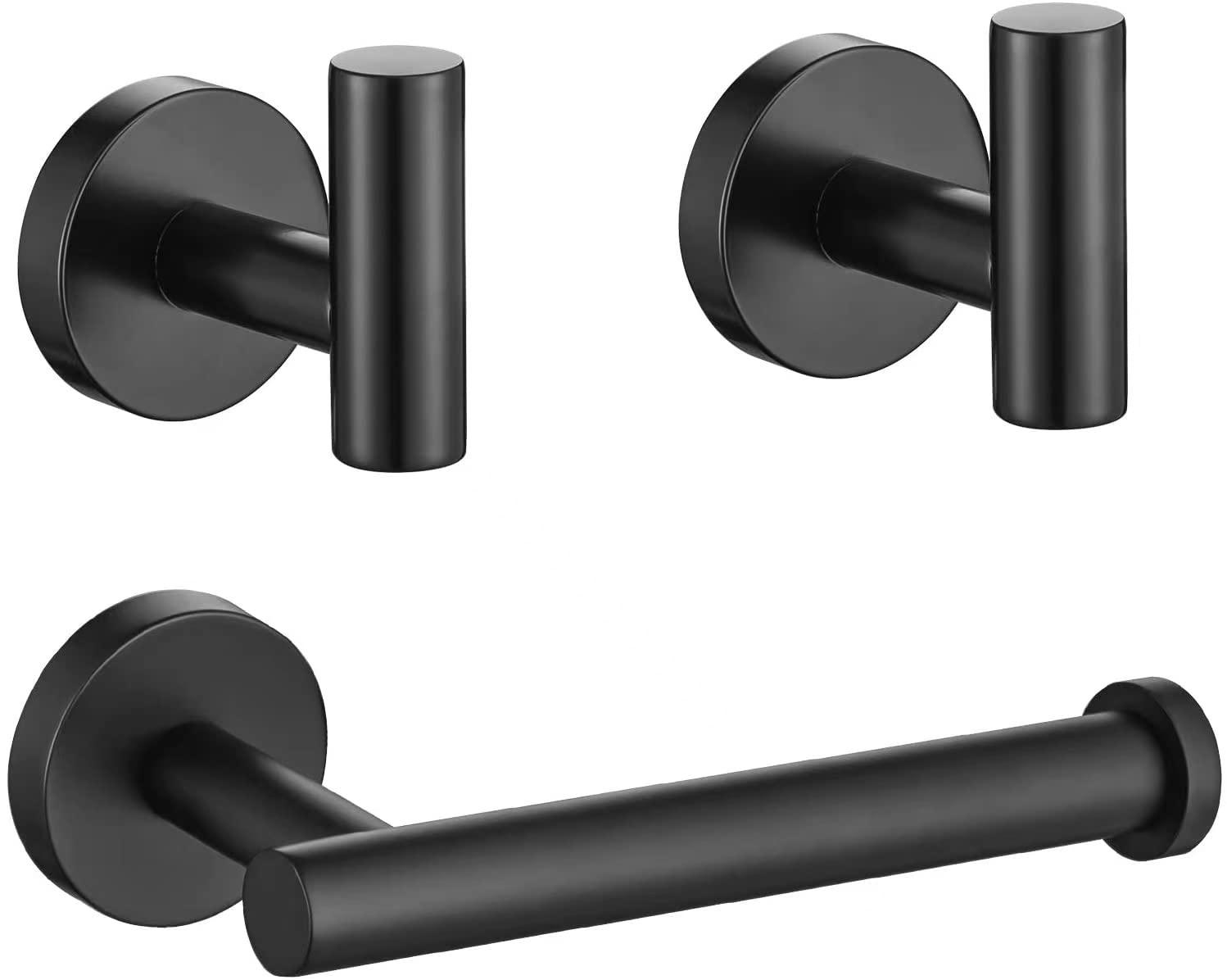 LCEZAN Matte Black Bathroom Hardware Set, Premium Stainless Steel 3-Piece Include 5 Inch Toilet Paper Holders and 2 Towel Robe Holder Hook for Bathroom, Kitchen, Washroom Wall Mount