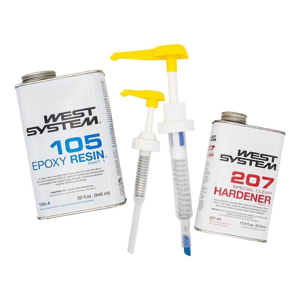 WEST SYSTEM 105A Epoxy Resin (32 fl oz) Bundle with 207SA Special Clear Epoxy Hardener (10.6 fl oz) and 300 Mini Pumps Epoxy Metering 3-Pack Pump Set (3 Items)