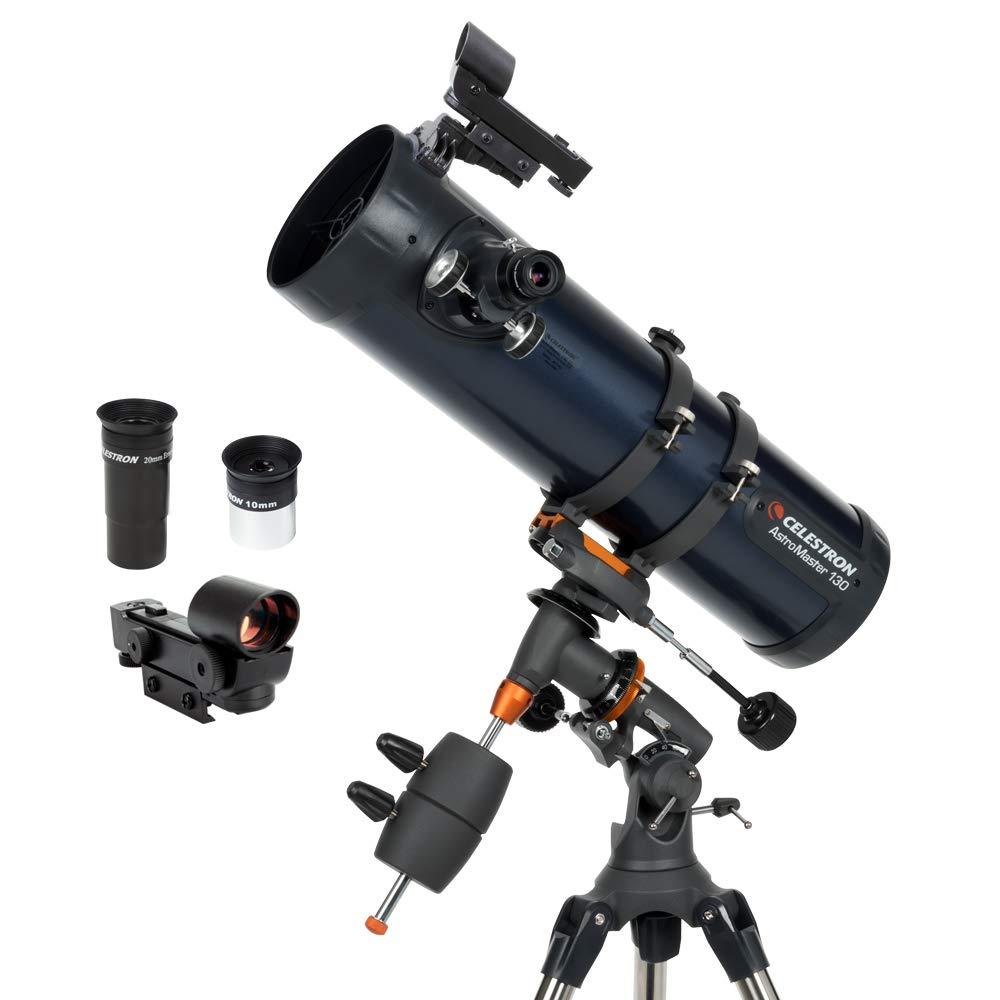 Celestron – AstroMaster 130EQ Newtonian Telescope – Manual Reflector for Beginners – Aluminized Mirror – Adjustable-Height Tripod – Includes Accessories Plus Astronomy Software Package