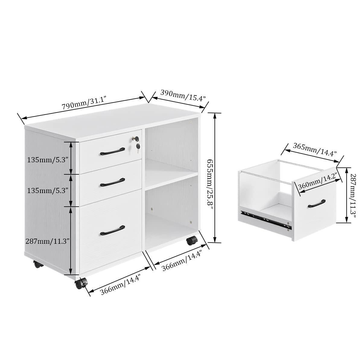 3 Drawer File Cabinets, Mobile Lateral Printer Stand with Open Shelf, Rolling Filing Cabinet with Wheels Home Office Organization and Storage (White) - Image 3