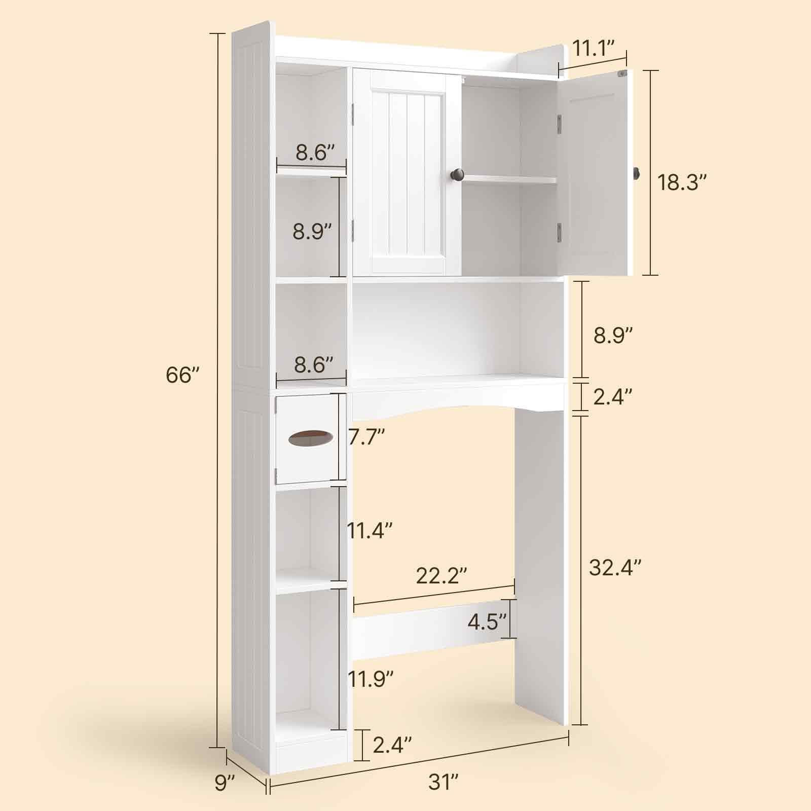 Gizoon Over The Toilet Storage Cabinet, 66''H Over Toilet Bathroom Organizer, Double Door Storage Cabinet Over Toilet, with Paper Holder and Racks, Adjustable Shelf, Bottom Bar, for Bathroom, White - Image 2
