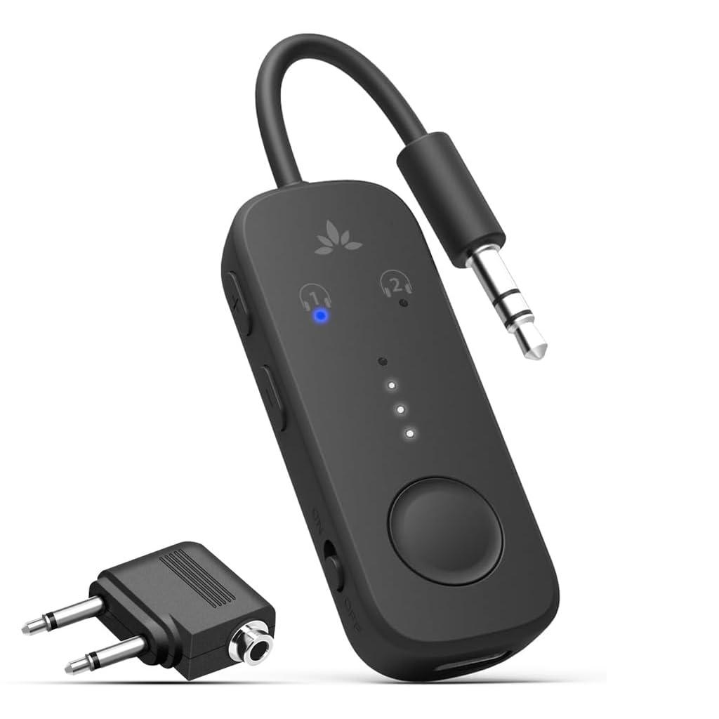 Avantree Relay - Airplane Bluetooth 5.3 Adapter with Qualcomm aptX Adaptive, Supports 2 AirPods or Headphones, 20Hr Playtime, 3.5mm AUX Wireless Audio Transmitter for Travel Flight, Airline, Gym, TV