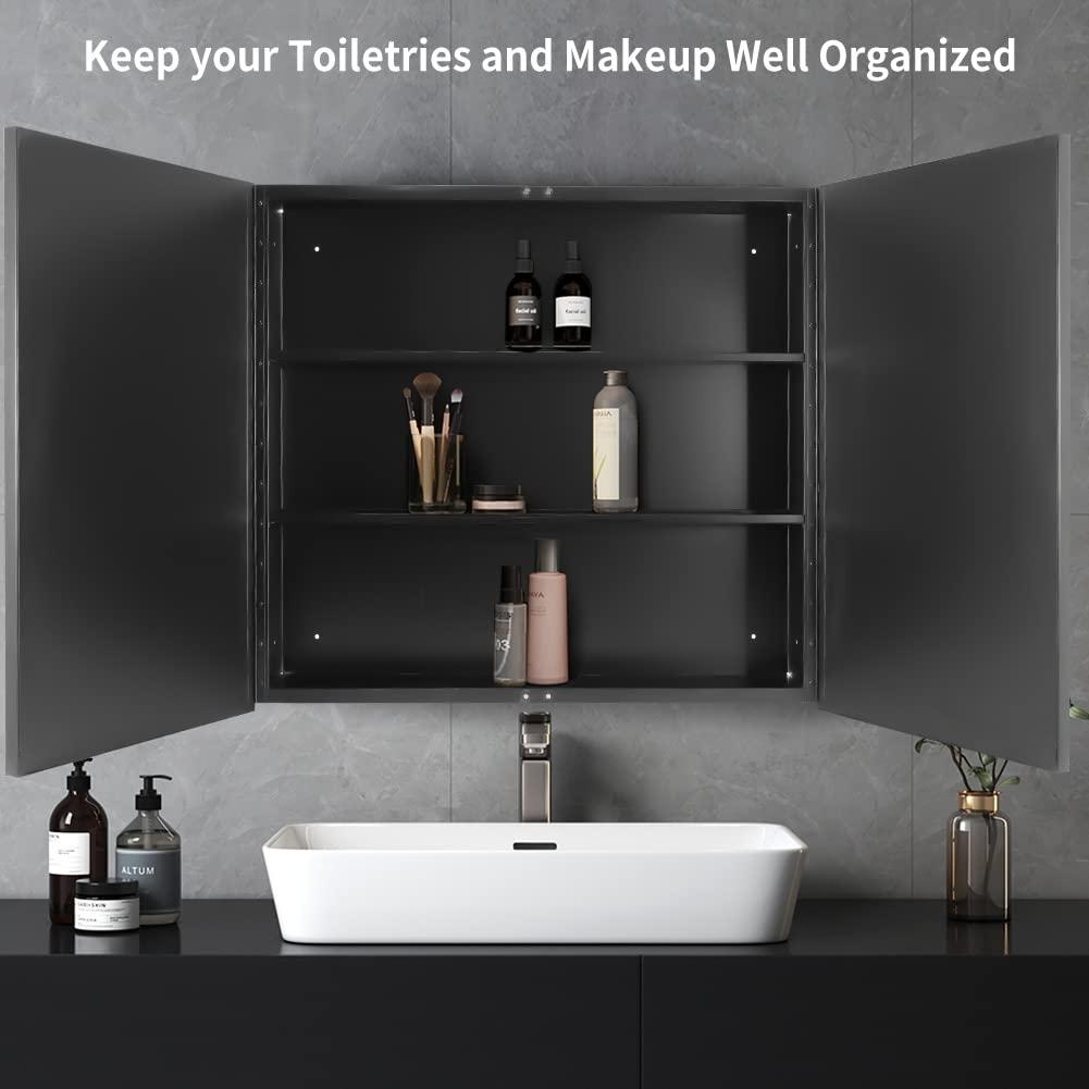 Movo 30 Inch x 27 Inch Farmhouse Black Metal Framed Recessed or Surface Bathroom Medicine Cabinet with Mirror Rectangle Tilting Beveled Vanity Mirros for Wall - Image 4