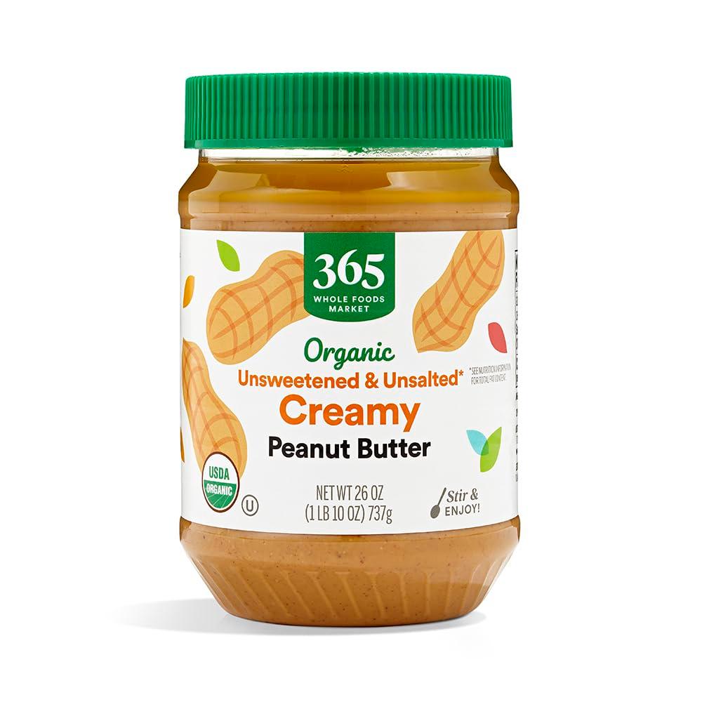365 by Whole Foods Market, Organic Creamy Unsweetened No Salt Peanut Butter, 26 Ounce