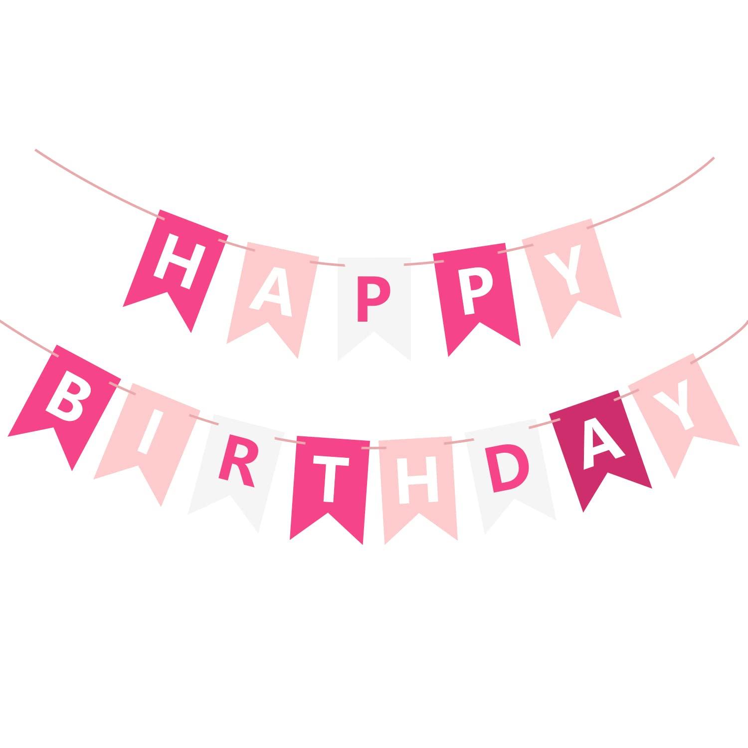 Waenerec Pink Happy Birthday Banner Sign Happy Birthday Bunting Banner Garland for Kids Girls Baby 1st Birthday Tea Party Decorations Bunting Flag Birthday Party Supplies