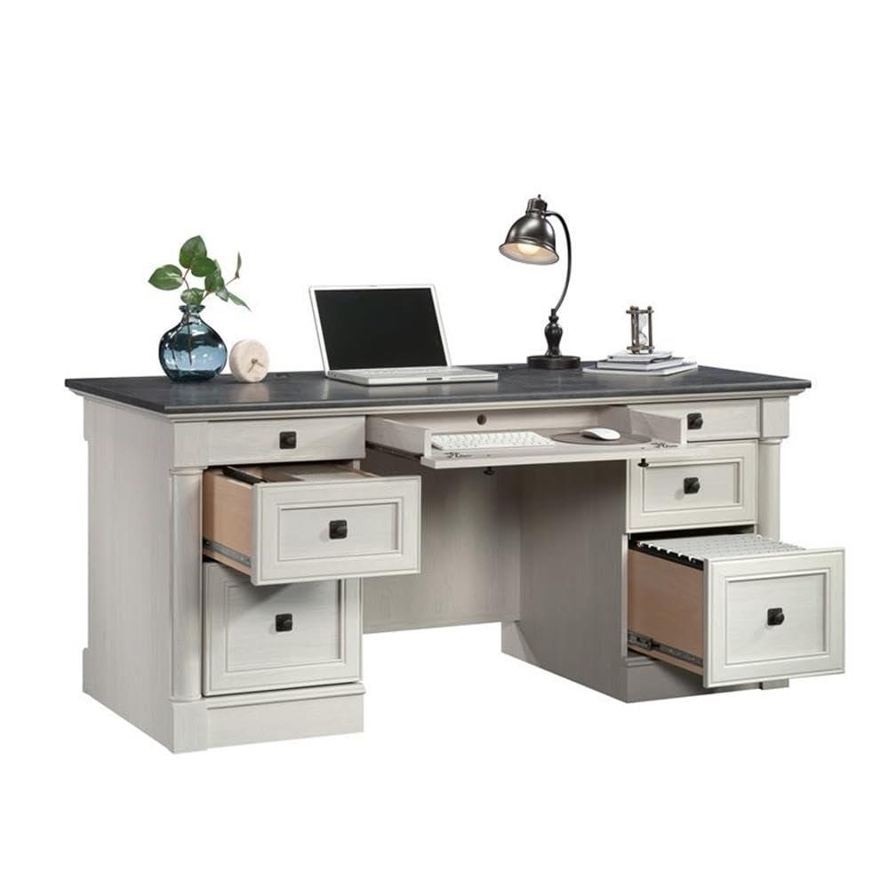 Sauder Palladia Office Desk with Drawers, Executive Desk with File Cabinet Storage, Cable Management, Keyboard Tray, in Glacier Oak Finish - Image 5