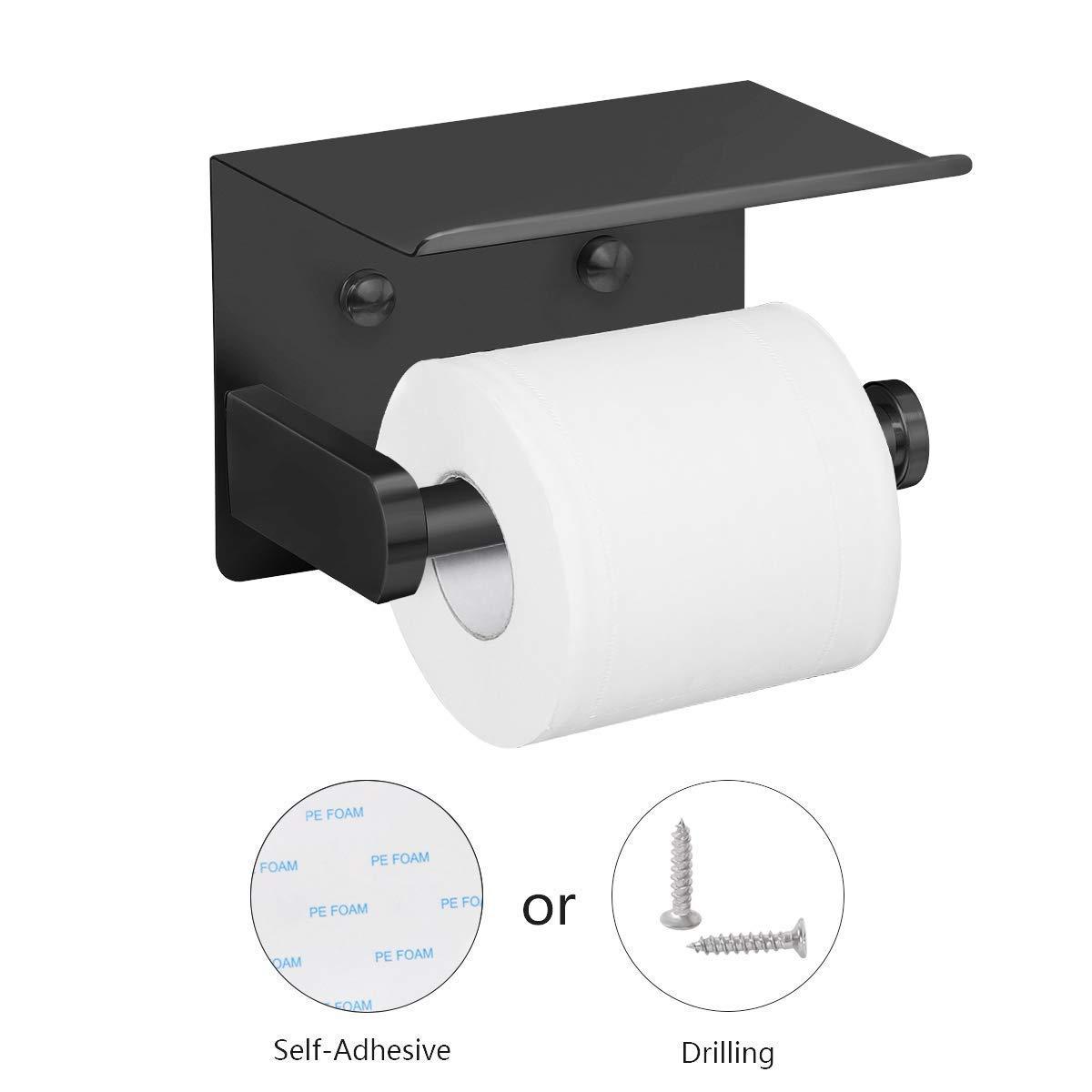 VAEHOLD Self Adhesive Toilet Paper Holder with Phone Shelf Stainless Steel Wall Mounted Toilet Paper Roll Holder - Rustproof and Bathroom Washroom Tissue Roll Holder with Shelf - Black - Image 4
