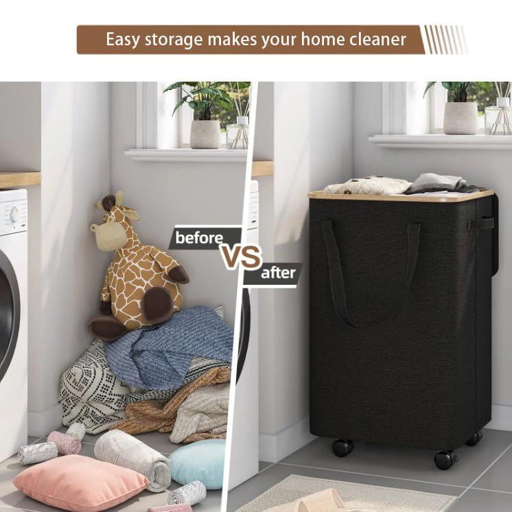 Large Laundry Basket with Wheels,100L Tall Laundry Hamper with Lid and Removable Liner Bag,Collapsible Dirty Clothes Hamper for Bathroom,Bedroom,Dorm & Laundry Room,Black - Image 4