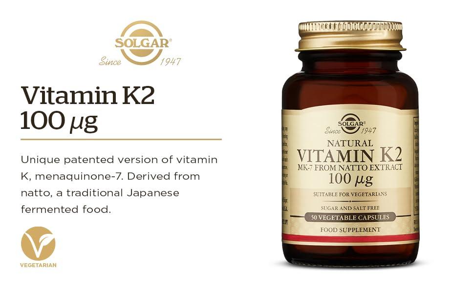 Solgar Vitamin K2 MK7 100mcg Vegetable Capsules Supports Bone Health Natural Whole Food Source from Natto Extract NonGMO Gluten Free Servings, Original, 50 Count - Image 2