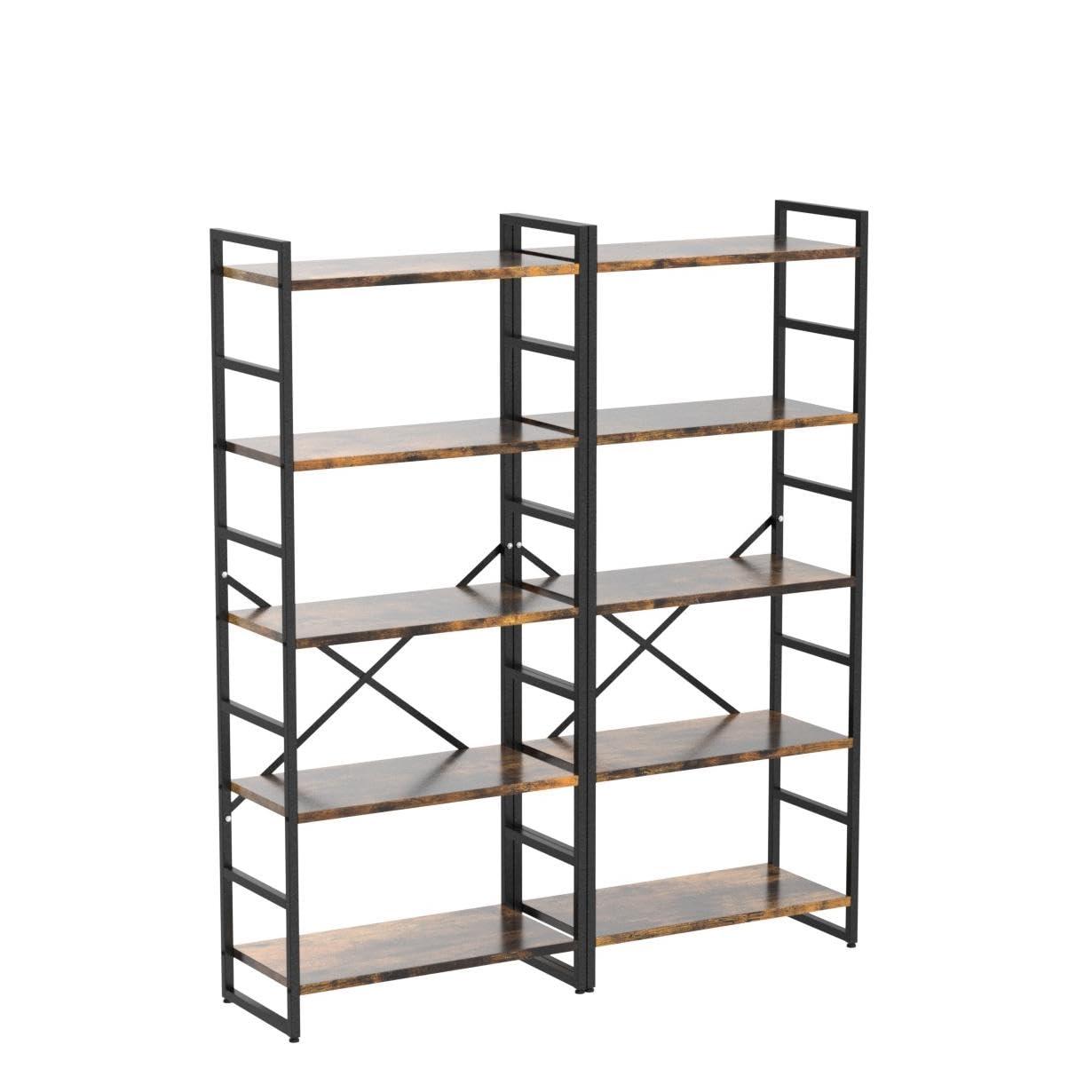Shintenchi 2 Pieces 5 Tiers Bookshelf, Classically Tall Bookcase Shelf, Industrial Book Rack, Modern Book Holder in Bedroom/Living Room/Home/Office, Storage Rack Shelves for Books/Movies-Rustic Brown - Image 5