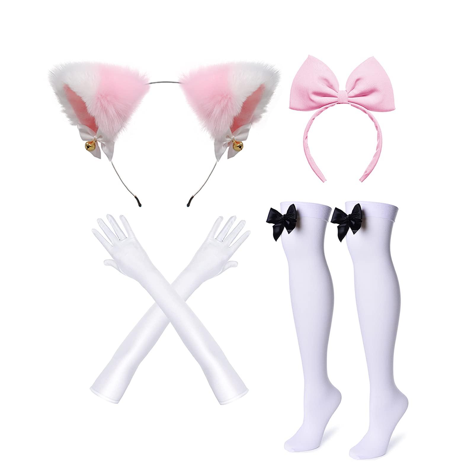 Wannsee Japanese Anime 6Pcs Lolita French Maid Apron Fancy Dress Cosplay Costume Gloves Headwear Socks set(Pink L) - Image 6