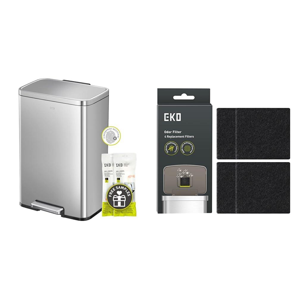 EKO Madison Matte Stainless 50 Liter/13.2 Gallon Step Trash Can with Inner Liner & Odor Filter Refills for Trash Can and Compost Bin, Activated Charcoal Deodorizer