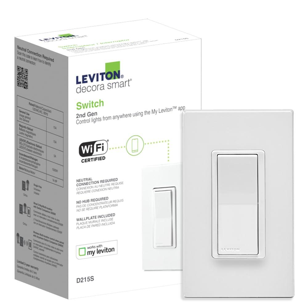 Leviton Decora Smart Switch, Wi-Fi 2nd Gen, Neutral Wire Required, Works with Matter, My Leviton, Alexa, Google Assistant, Apple Home/Siri & Wired or Wire-Free 3-Way, D215S-2RW, White