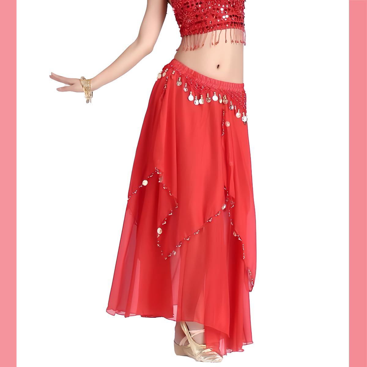 Tefrica Women's Chiffon Belly Dance Costume Skirts Indian Dance Skirt with Coins - Image 4