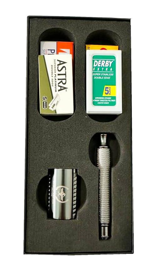 Caesar Gun Metal Safety Razor by Roman Empire Shaving with Set of 20 Shaving Blades (Astra-Derby-Shark-Treet) - Image 3