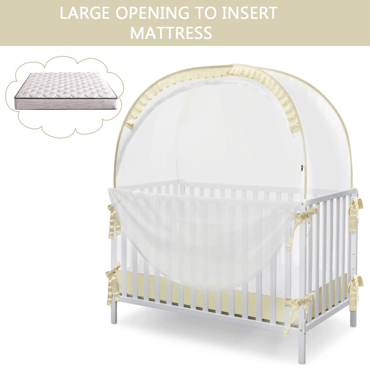 L RUNNZER Baby Safety Crib Tent, Pop Up Canopy for Crib to Stop Baby from Climbing Out, Infant Mesh Cover Mosquito Net with Sturdy Frame & Soft Mesh, Beige, (R07-beige) - Image 5