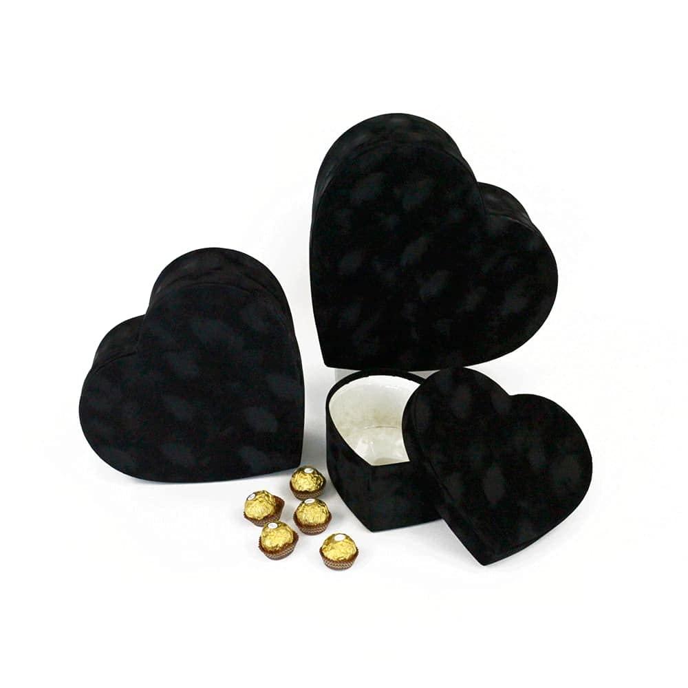 UNIKPACKAGING Premium Quality Heart Shaped Velvet Flower Boxes, SET OF 3, Gift Boxes for Luxury Flower and Gift Arrangements, with Lids, (Black)