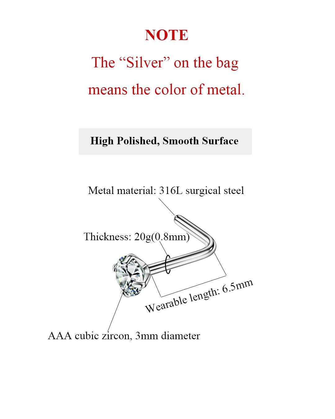 FANSING Nose Studs for Women Men L Shaped Nose Rings Surgical Steel Nostril Piercing Jewelry with Cubic Zirconia End - Image 2