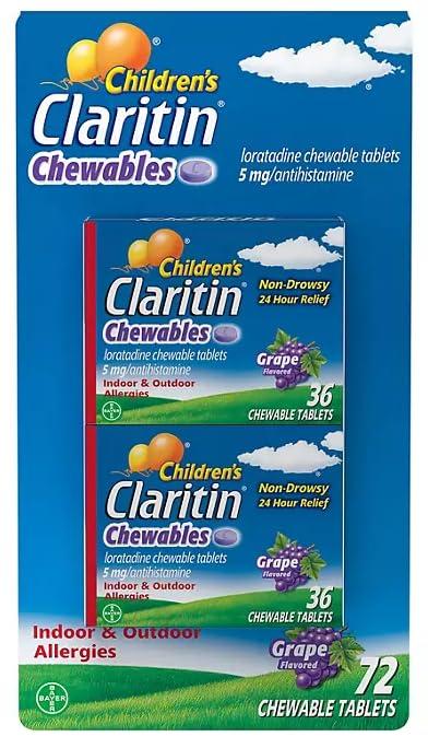 Claritin Children's Chewable 5 mg, 70 Count Grape Chewable Tablets, 24 Hour Non-Drowsy, Indoor & Outdoor Allergy Relief