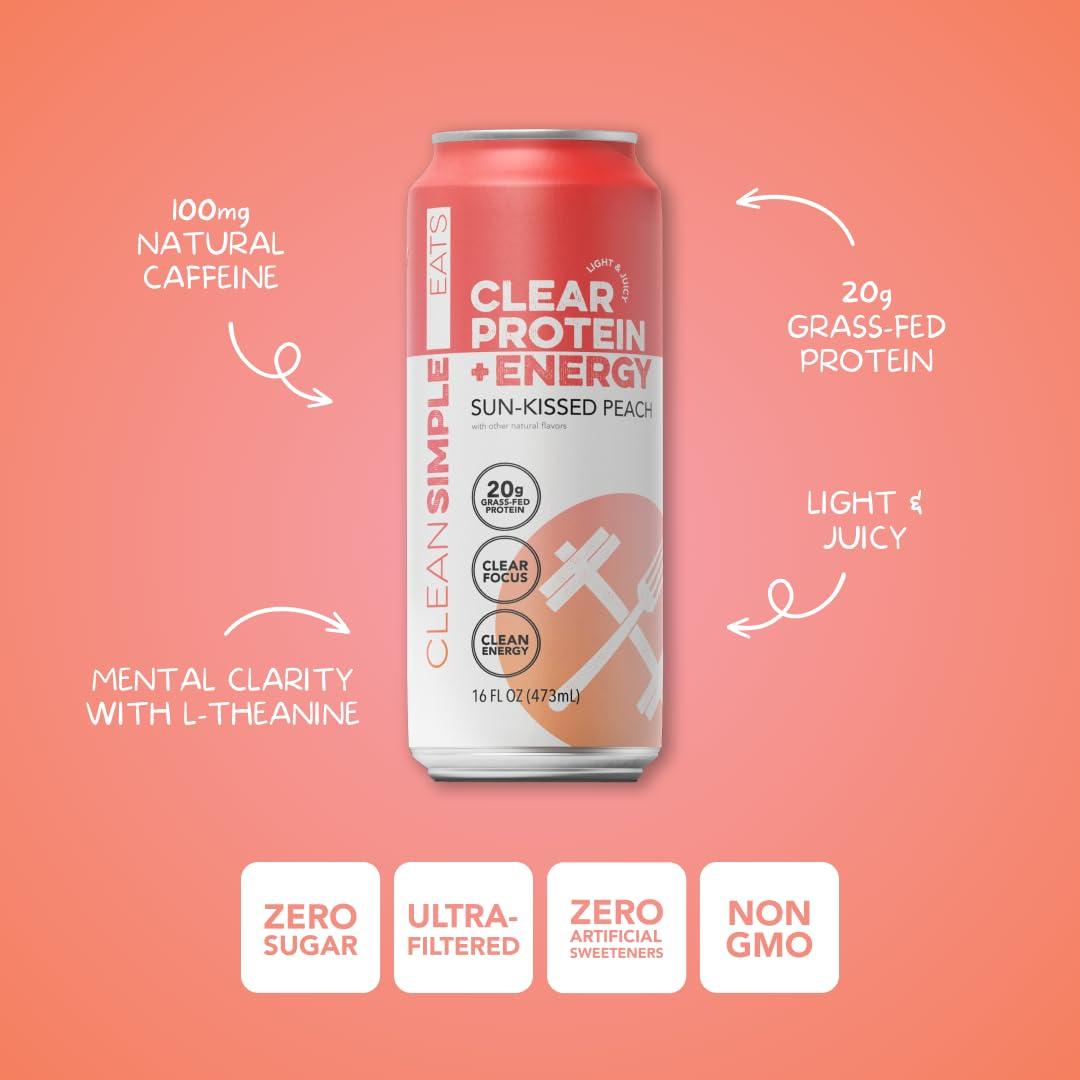 Clean Simple Eats Clear Protein + Energy Drink, 20G Grass Fed Whey Protein Isolate, 100MG Natural Caffeine, L Theanine & Cognatiq, No Artificial Ingredients, Sun-Kissed Peach Flavor, 16 Oz Cans, 12 Pk - Image 4