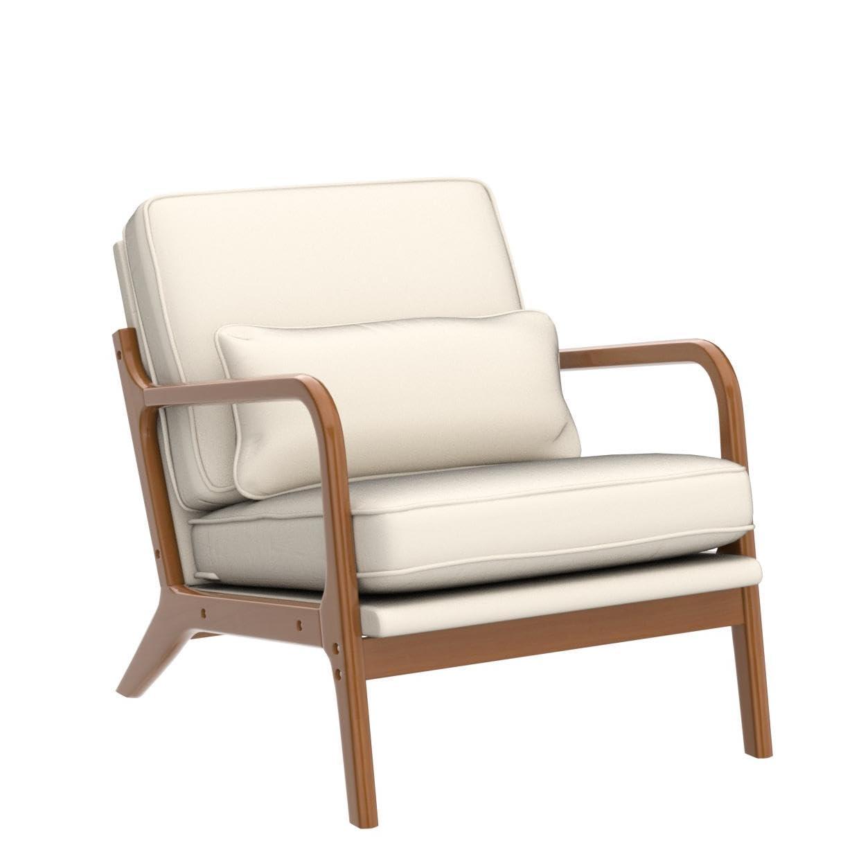 Karl home Accent Chair Mid-Century Modern Chair with Pillow Linen Fabric Upholstered Lounge Arm Chair with Solid Wood Frame & Soft Cushion for Living Room, Bedroom, Balcony, Beige - Image 5