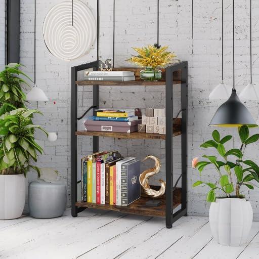 Hosfais Book Shelf Small Bookshelf: 3-Tier Wood Bookcase Industrial Bookshelf with Edge Protection Metal Narrow Bookcase Storage Organizer Display Rack for Bedroom Home Office (Rustic Brown) - Image 2