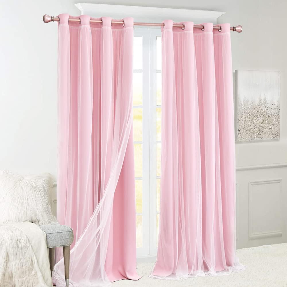 SOFJAGETQ Double Layered Blackout Pink Curtains 2 Panels - Princess Draperies for Girl's Bedroom Living Room Nursery Pink Lace Hem Room Darkening Curtains, 52x84 inches - Image 10
