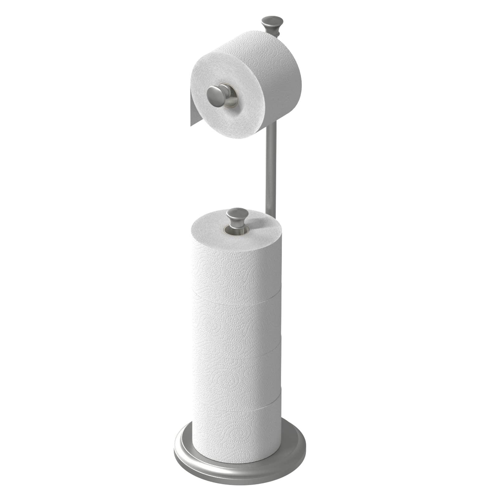 Free Standing Toilet Paper Holder Stand Brushed Nickel Toilet Roll Stand Bathroom Tissue Rack with Storage Reserves 5 Mega Rolls