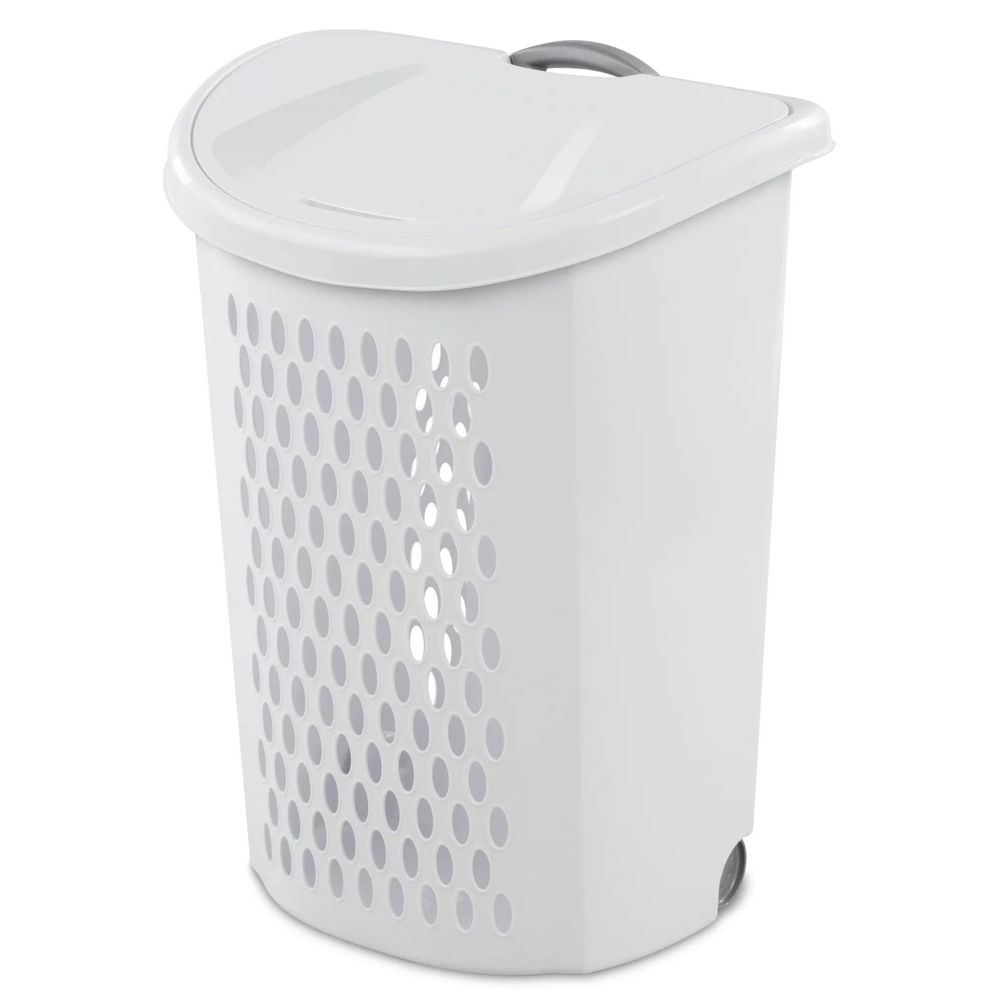 Ultra Wheeled Design Clothes Laundry Basket, Mind Reader Basket Collection，135 Liter （20 1/8" x 15 3/8" x 26 3/4"）Capacity, Laundry Hamper White Lid & Base w/Plastic Handle & Wheels