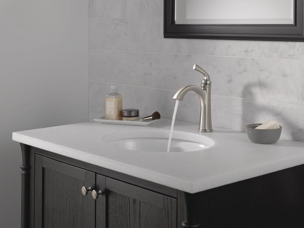 Delta Geist Brushed Nickel Bathroom Faucet 1 Hole, Single Hole Bathroom Sink Faucet for Vanity, Push-Pop Drain Assembly, SpotShield Brushed Nickel 15864LF-SP - Image 2