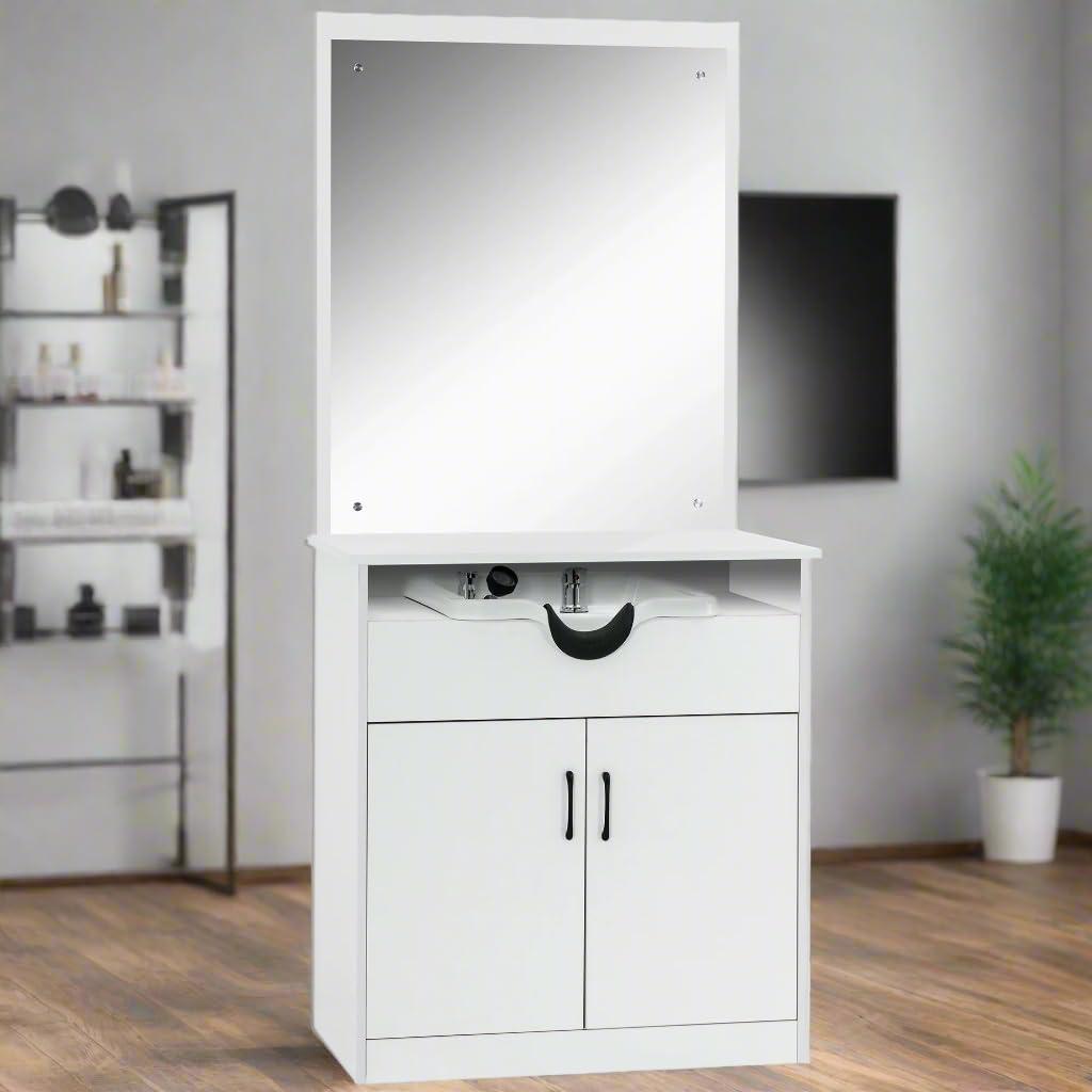 BarberPub Backwash Shampoo Bowl Sink Chair Station with Mirror Salon Styling Cabinet Spa Equipment 3130 (White) - Image 2