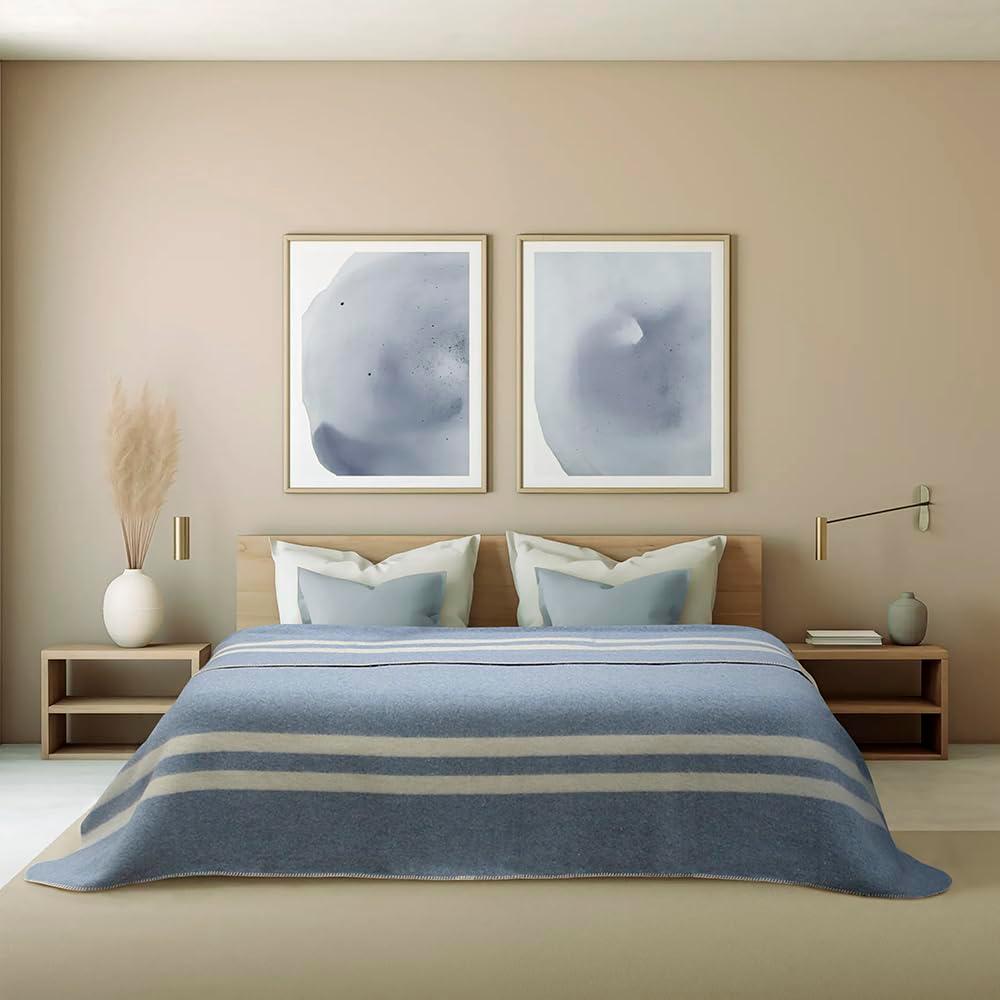 Thick Alpaca Wool Blanket Heavyweight Camping Outdoors Indoors Soft Peru King Size Stripes Design (Soft Blue - Ivory Stripes, King Size) - Image 2
