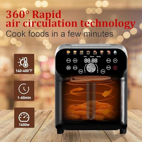 WHUTO Air Fryer, 6.2QT Air Fryer Oven with LED Digital Touchscreen, 12 Preset Cooking Functions Air fryers, Bake, Reheat, Keep Warm, Nonstick and Dishwasher-Safe Basket, Stainless Steel/Black - Image 3