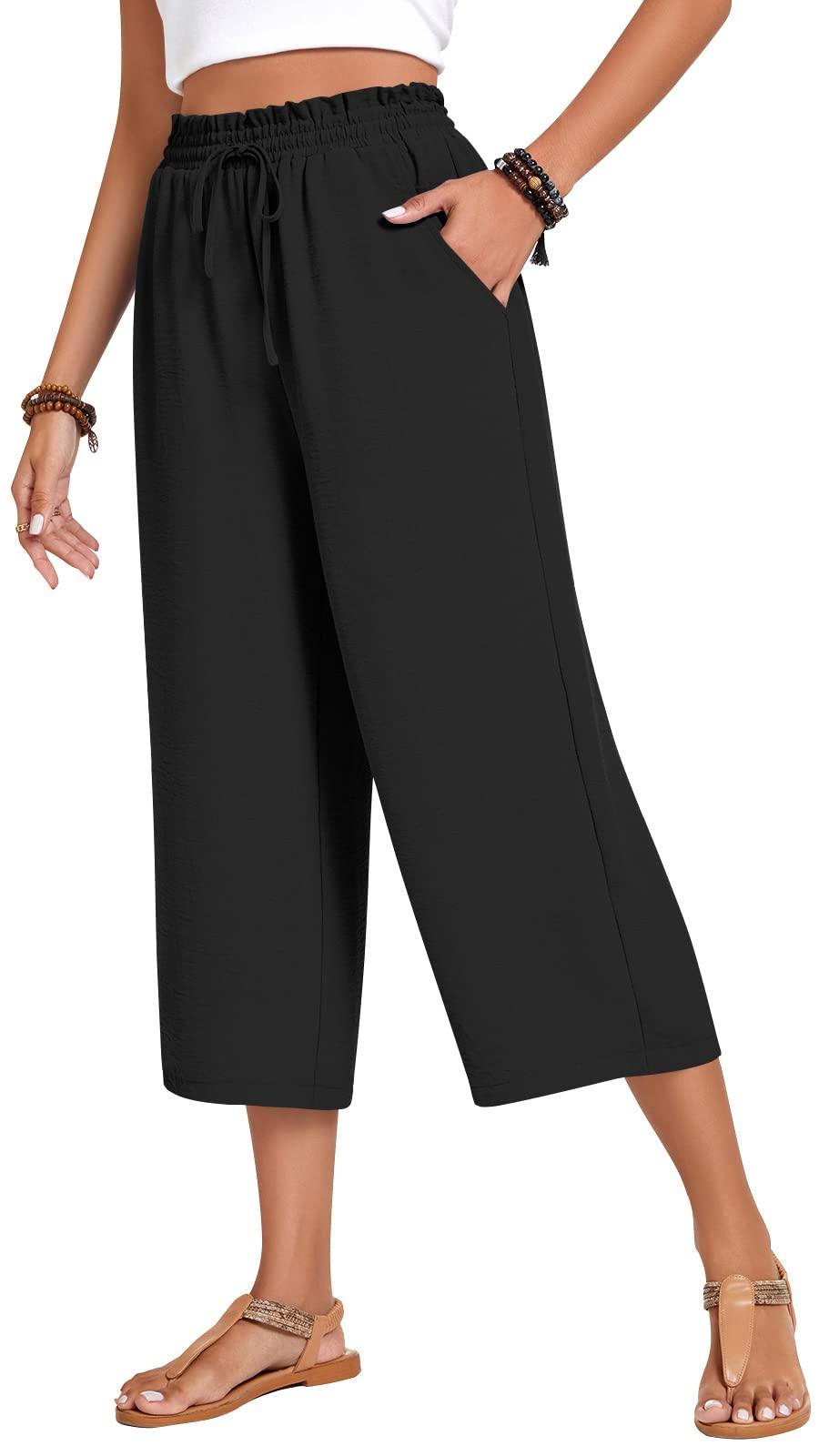 Anyhold Womens Capri Pants Loose High Waisted Wide Leg Lounge Pants Drawstring Casual Palazzo Trousers with Pockets
