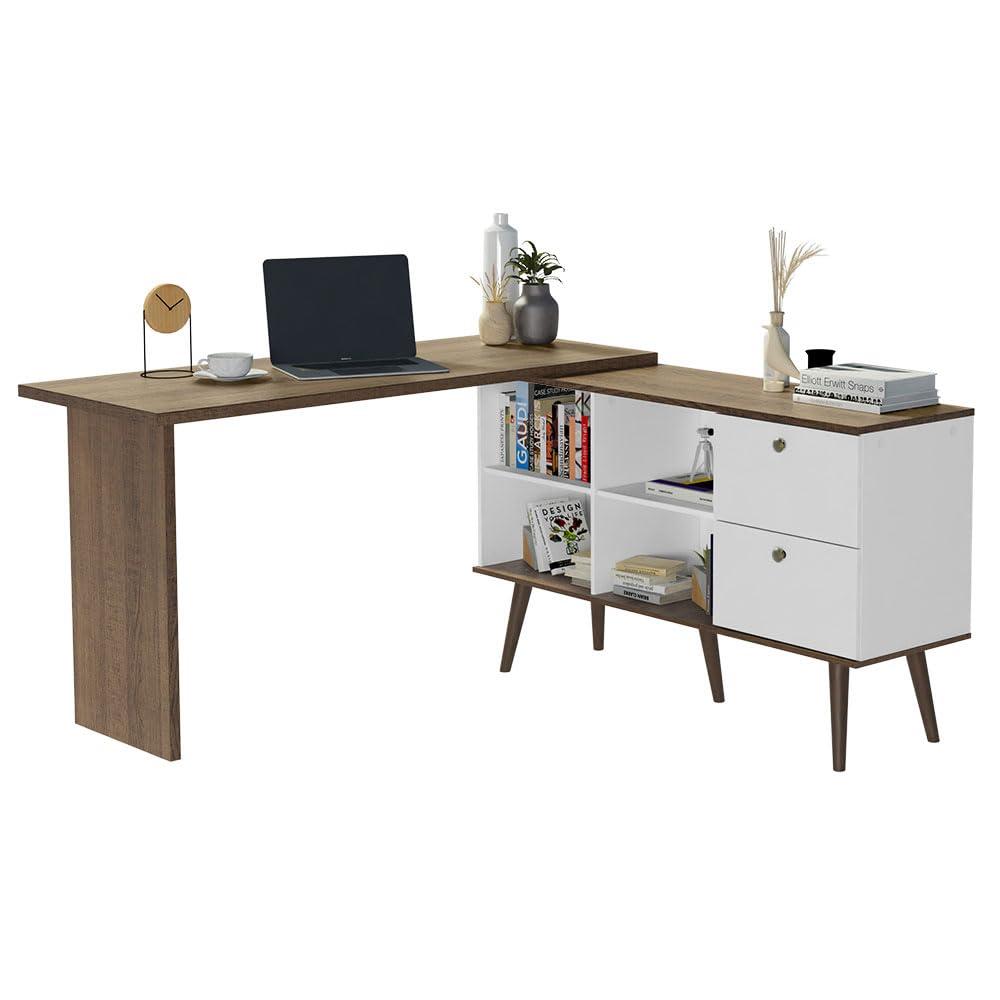 Madesa Modern L Shaped Desk 59 Inch with 2 Drawers and 4 Storage Shelves Home Office Corner Study Table Unit for Kids and Adults - White/Brown - Image 6